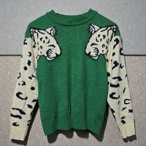 Green White Leopard Cowl Neck Intarsia Knit Sweater